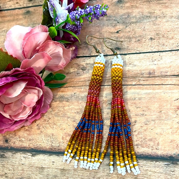 Tassel Brown and Blue Earring - Picture 2 of 5